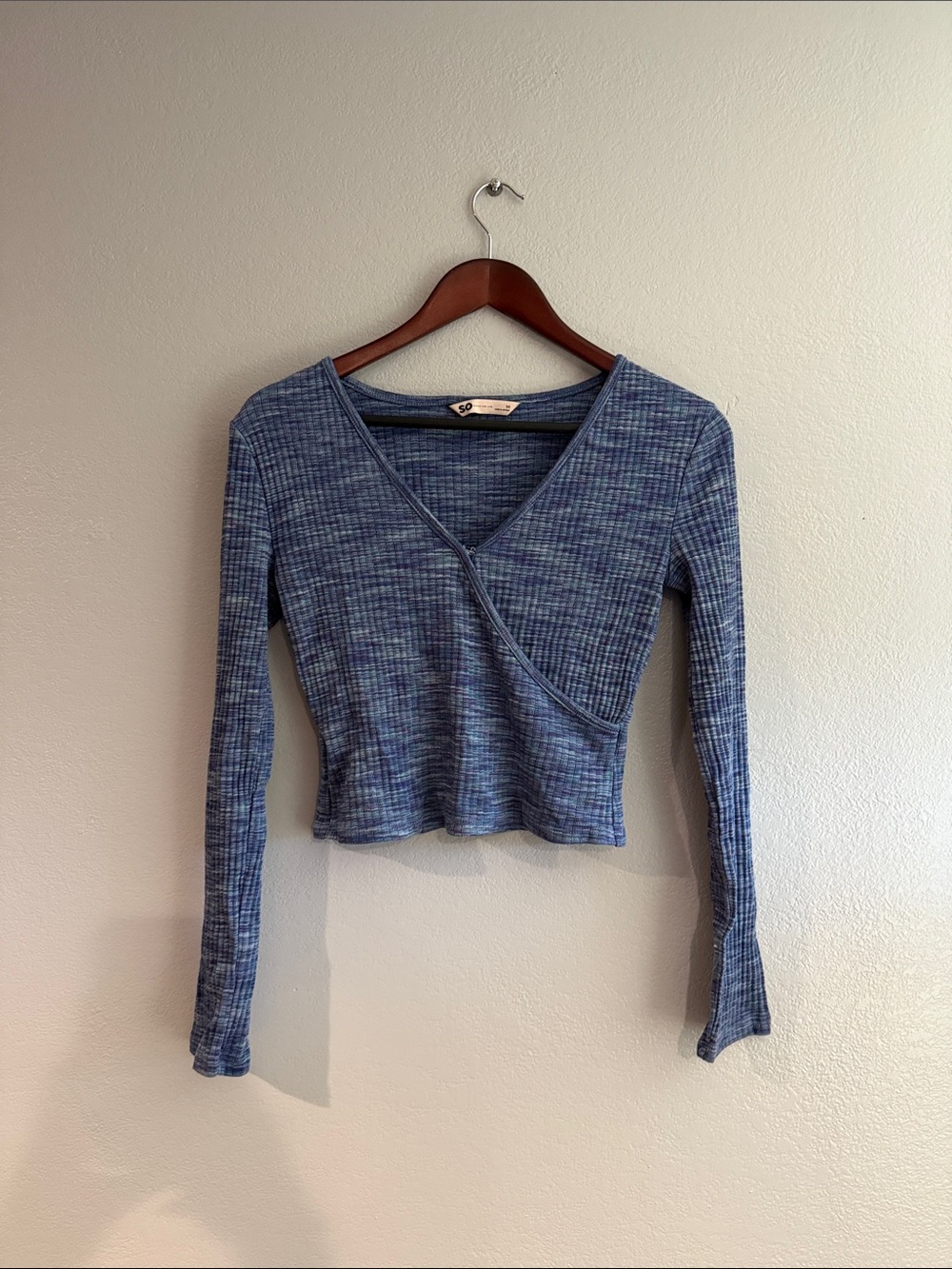 SO Blue Ribbed Wrap-Style Long Sleeve Top